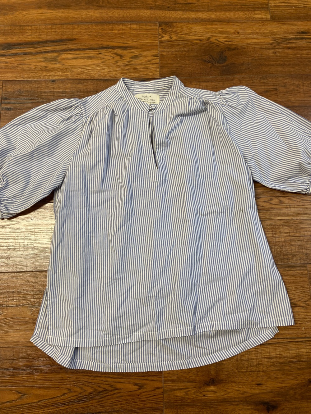 Trovata Birds Of Paradis Pinstripe Blue/white Puff Sleeve Top Blouse Cotton Sm